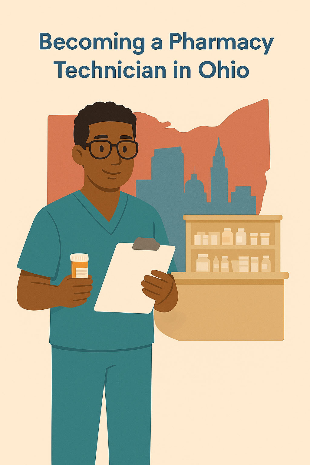 A pharmacy technician standing in front of the outline of Ohio. They are holding a clipboard and pill bottle. 